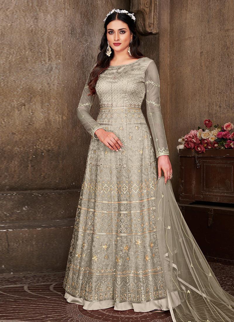 Heavy Embroidered Grey Soft Net Gown Best Pices