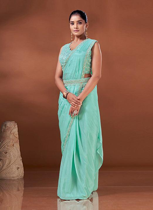 Turquoise Exquisite Hand Work Chinnon Ready To Wear Saree Cheap Sale Comfortable