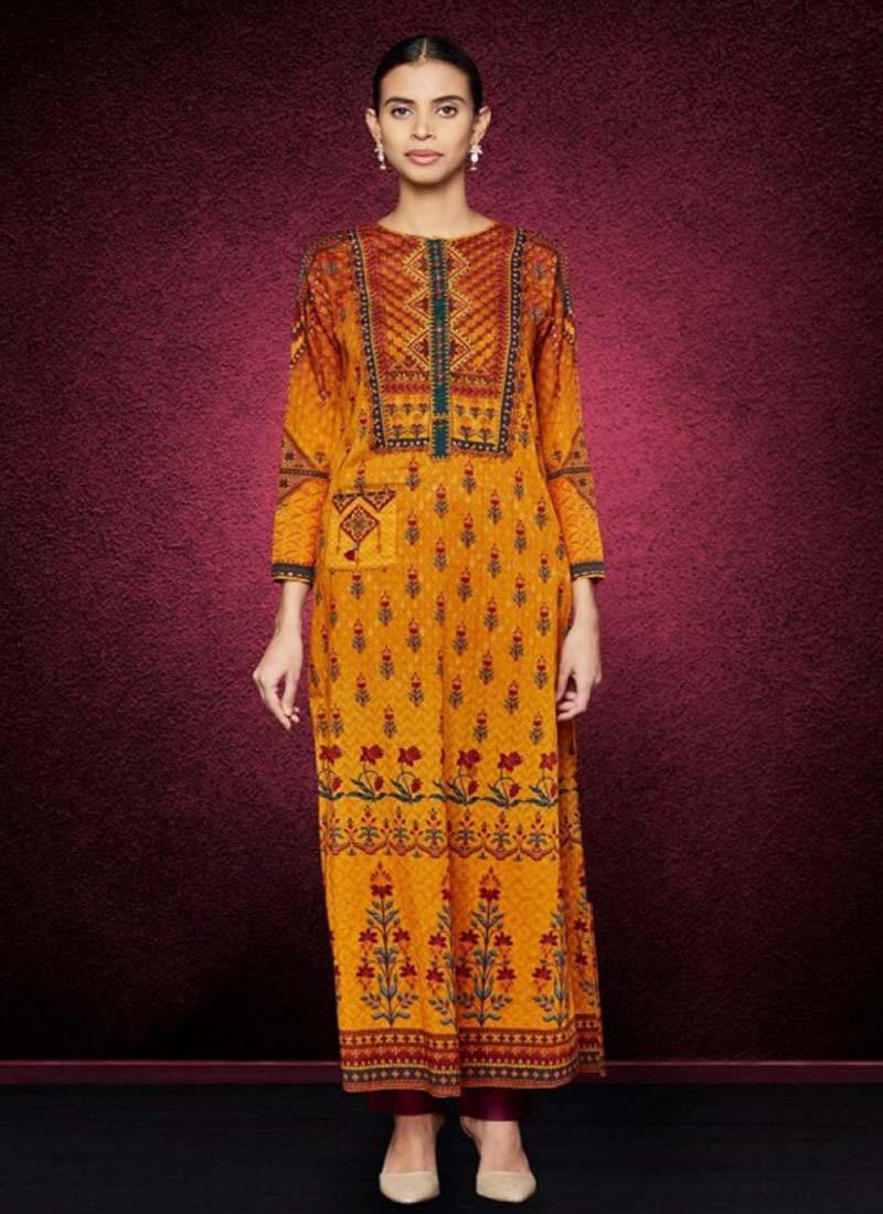 Mustard Yellow Color Elegant Printed Detailed Kurti Buy Cheap Affordable