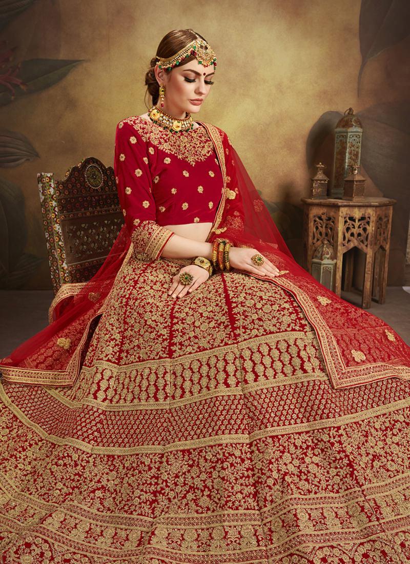 Bridesmaid Red Velvet Base Heavy Embroidered Lehenga Choli Finishline Cheap Online