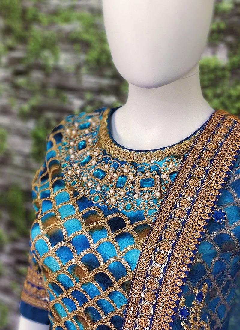 Glamours Blue Wedding Wear Digital-painted and embroidered Lehenga Choli Discount Great Deals