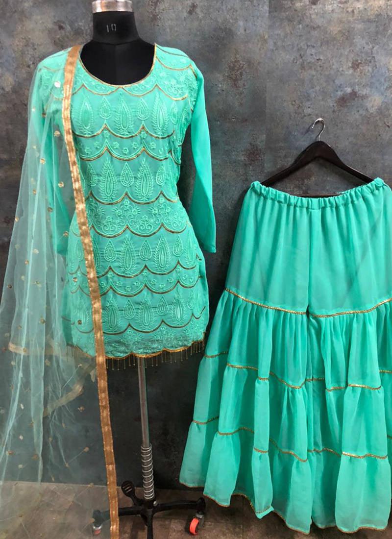 Enticing Sea Green Color With Embroidery Hand Work Sharara Suit Buy Cheap Deals