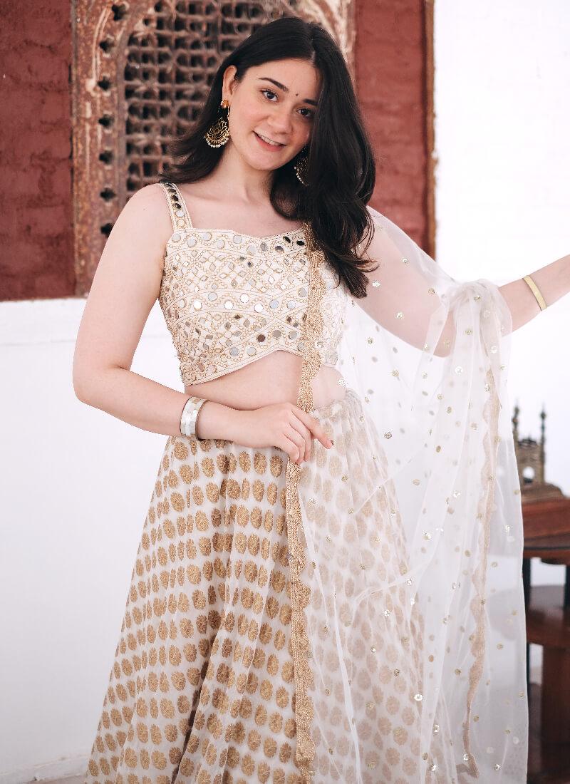 White Zari Mirror work Festive Flared Ruffle Lehenga Choli Outlet Store Cheap Pice