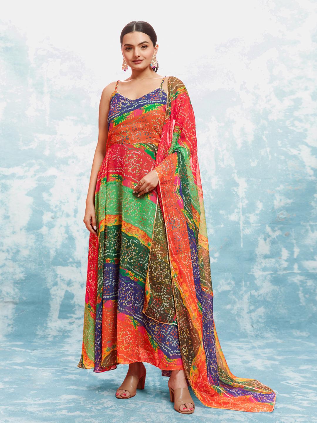 Multi color bandhani print gown with dupatta Buy Cheap Pay With Paypal