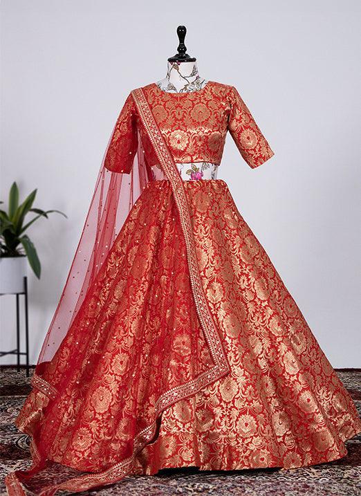 Trendy Red Zari Weaving & Jacquard Silk Navratri Lehenga Quality Free Shipping Low Pice