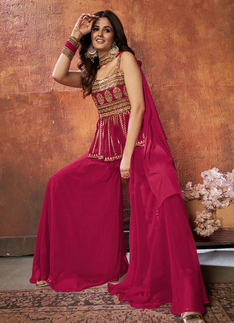 Rani Pink Color Georgette Material Palazzo Suit With Zari Work Pices Cheap Online