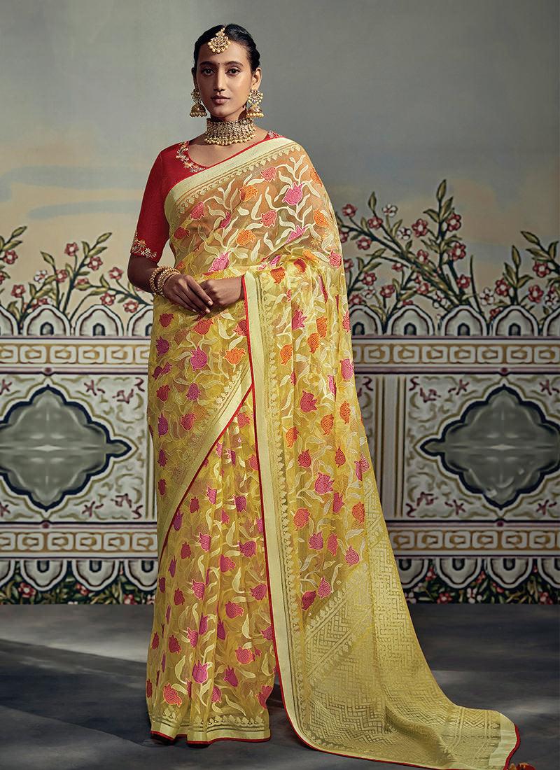 Thread Work Blouse With Yellow Brasso Saree Best Sale Cheap Online