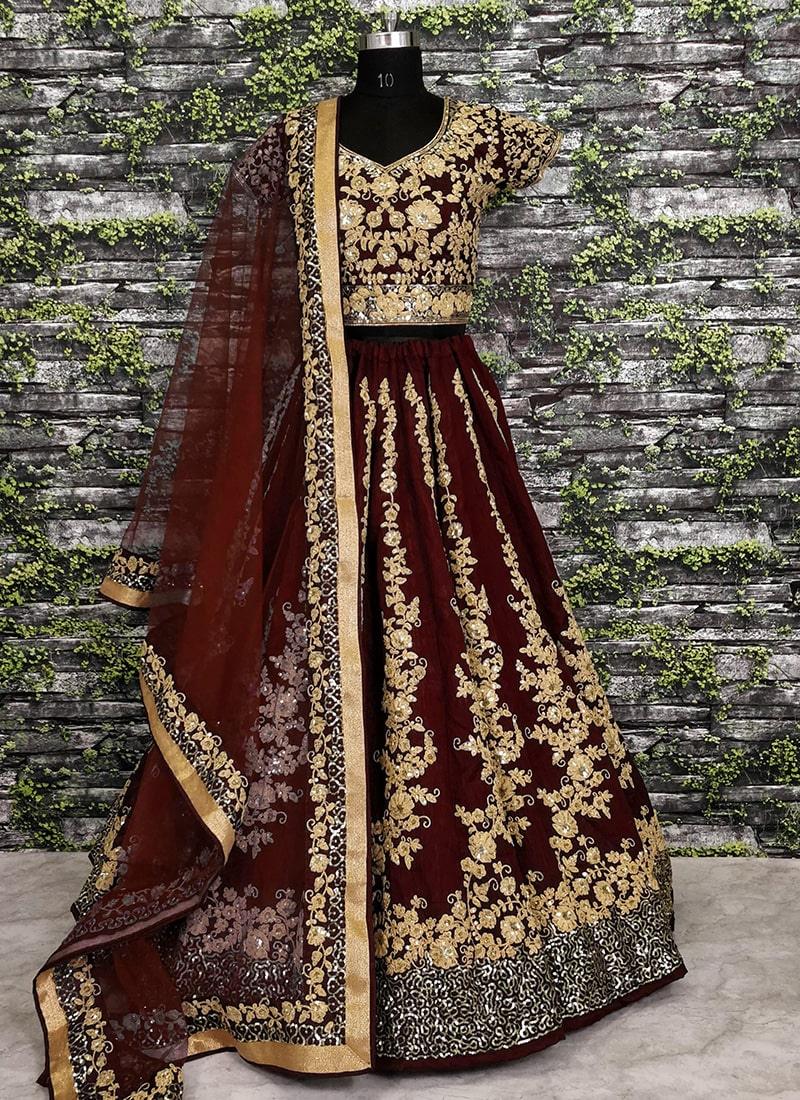 Ravishing Floral Work On Maroon Lehenga Choli With Dupatta Set Pre Order Online