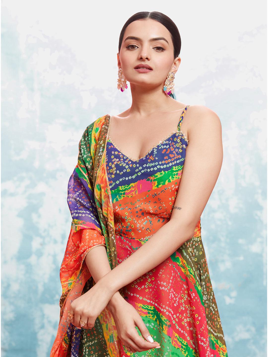 Multi color bandhani print gown with dupatta Buy Cheap Pay With Paypal