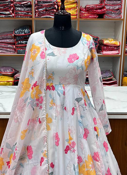 White Organza Silk Floral Raksha Bandhan Special Gown Get Authentic Cheap Online