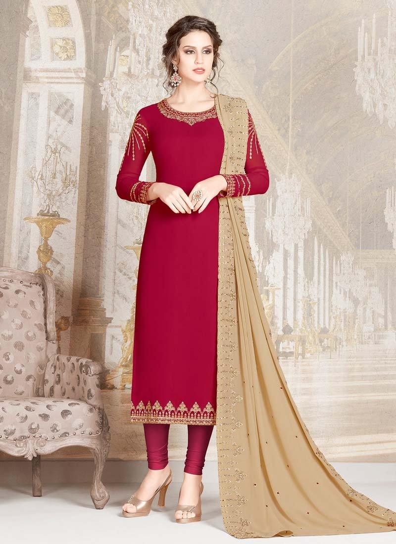 Georgette Material Maroon Color Full Sleeves Zari Work Churidar Salwar Suit Cheap With Credit Card