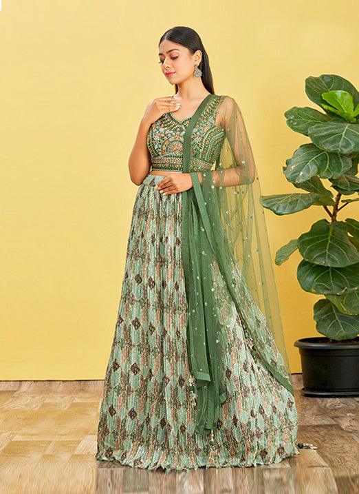 Green Chinnon Lehenga Choli with Real Mirror & Zari Sequins Embroidery Countdown Package Cheap Online