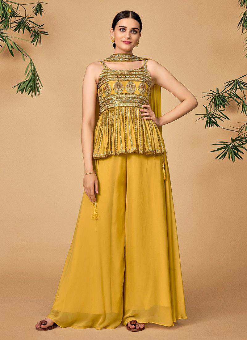 Yellow Color Georgette Fabric Palazzo Salwar Suit With Zari Work For Sale 2025