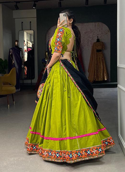 Parrot Green Pure Cotton Navratri Lehenga Choli With Gamthi & Foil Mirror Work Store Online