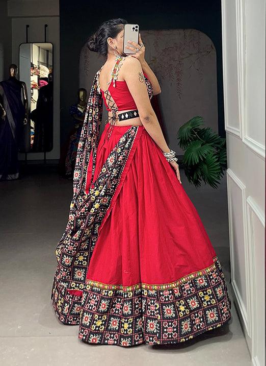 Red and Black Navratri Lehenga Choli in Pure Cotton with Patola Print and Mirror Work Free Shipping 2025 New