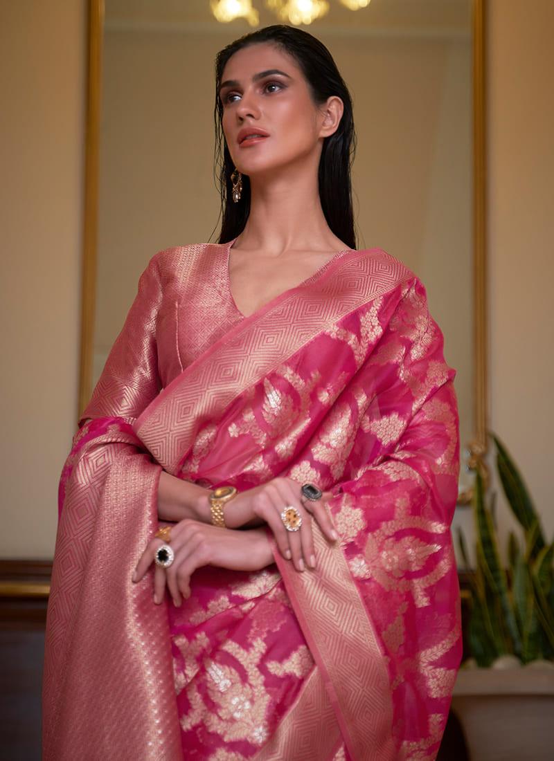 Zari Weaving Rani Pink Two Tone Organza Saree With Paypal Cheap Online