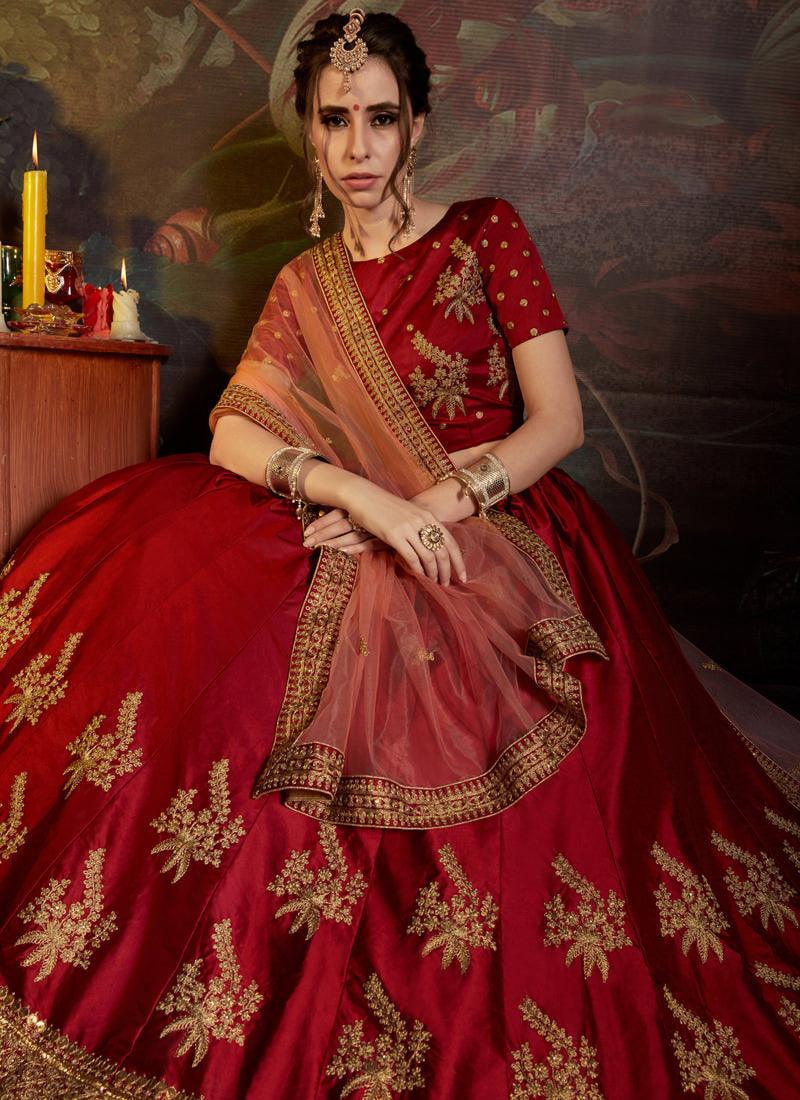 Remarkable Maroon Color Satin Base Designer Lehenga Choli Clearance Pices