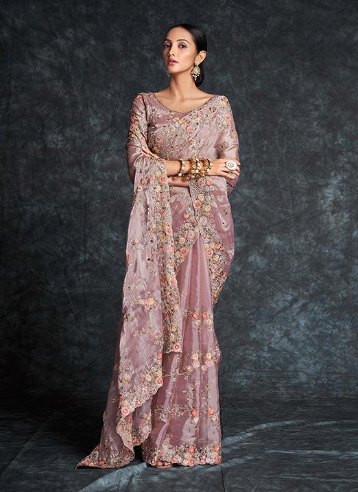 Lilac Color Heavy Embroidery Work Saree In China