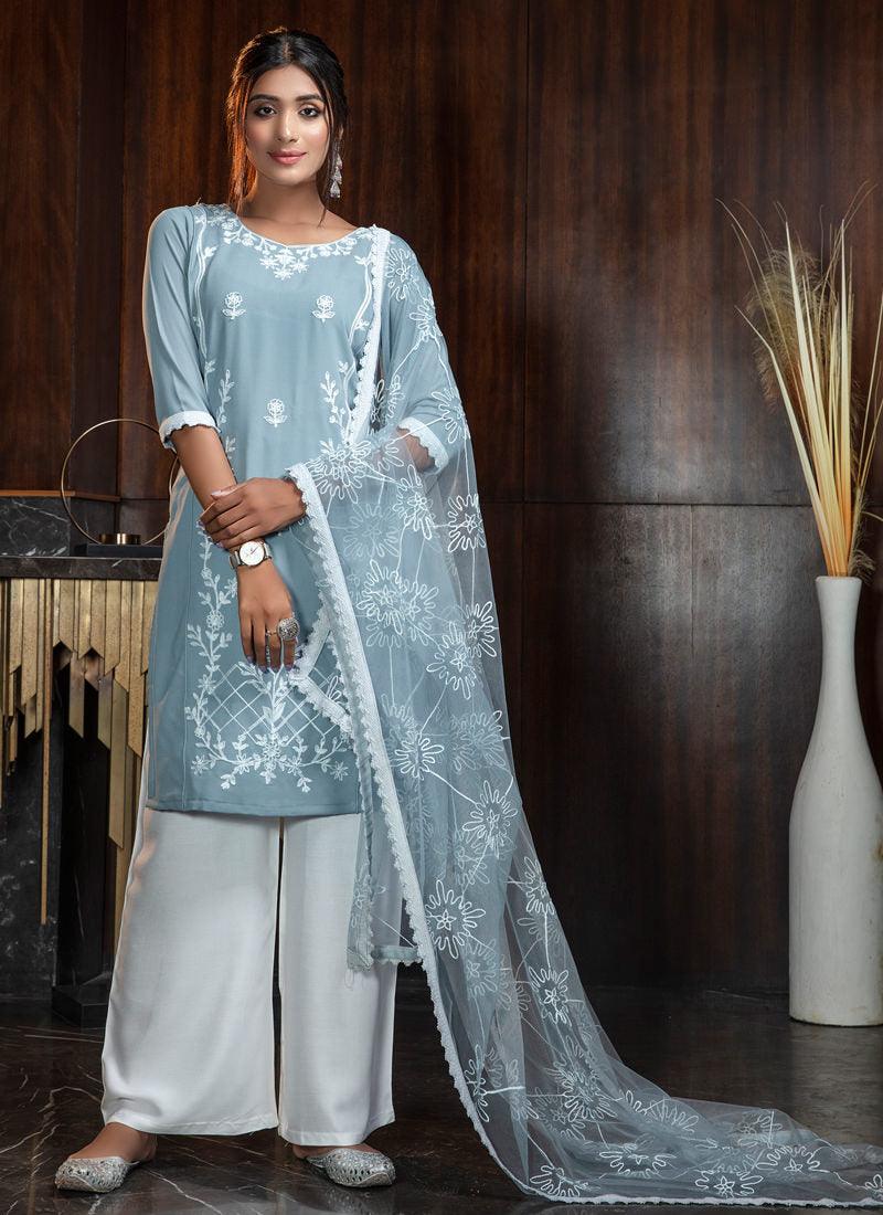 Sky Resham Rayon Soft Net Palazzo Salwar Suit Affordable Sale Online