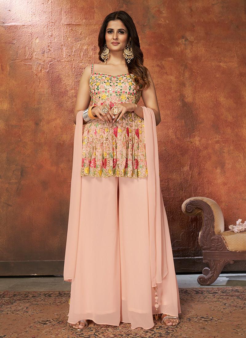 Peach Color Georgette Fabric Palazzo Suit With Resham Work Big Discount Cheap Pice