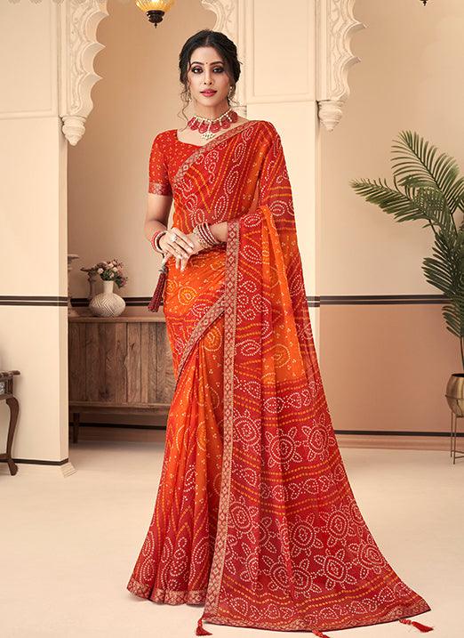 Graceful Orange & Red Bandhani Chiffon Saree Cheap Low Cost