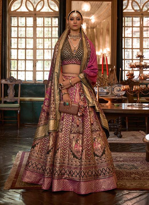 Pink with Green Sparkle Work Smooth Rajwadi Silk Bridal Lehenga Choli Outlet Good Selling