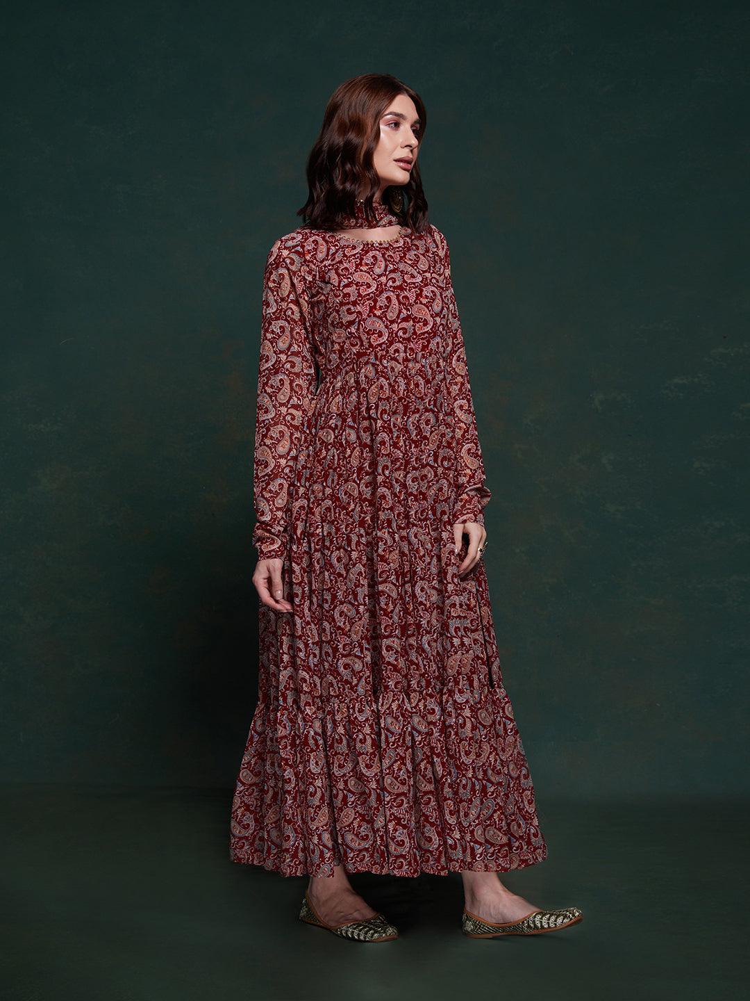 Maroon Georgette Gown Dress with Printed Design Cheap Sale Tumblr