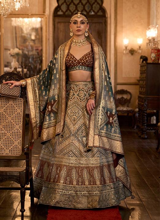 Brown & Beige Bridal Lehenga Choli with Sparkle Mirror Work in Rajwadi Silk Cheap Sale Online Online