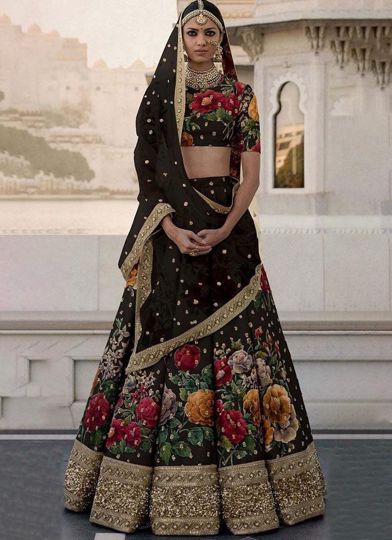 Black Printed Pearl Work Heavily Drape Lehenga Choli Set Discount Popular