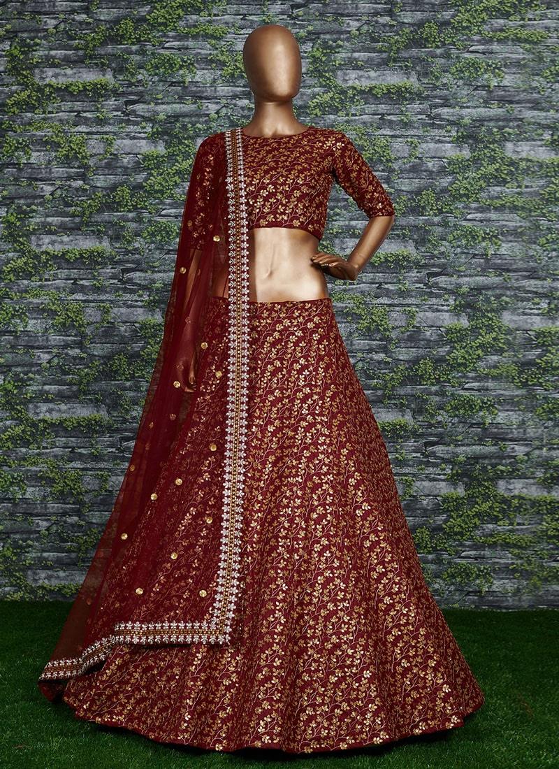 Vine Pattern Maroon Lehenga Choli With Dupatta Set Buy Cheap Hot Sale