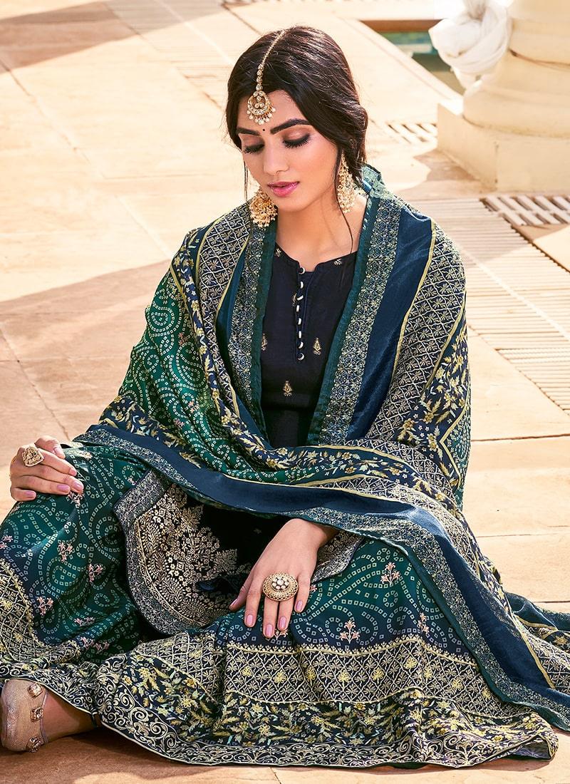 Digital Printed Navy Blue Silk Weave Sharara Suit With Matching Dupatta Sale Finishline