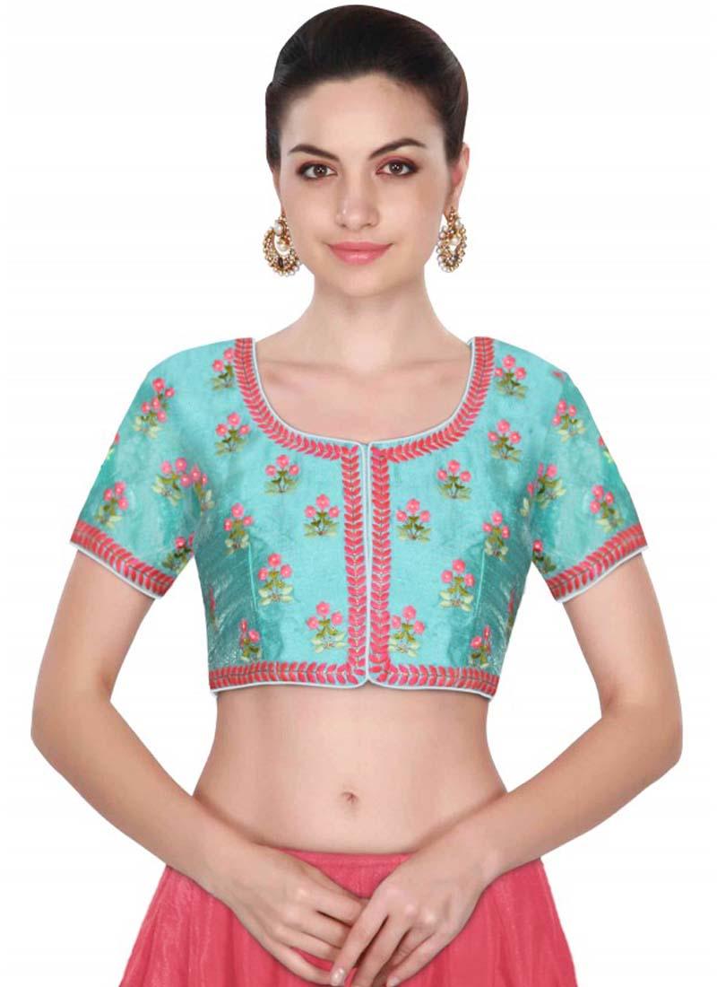 Elegant Sea Green Cape Sleeve Blouse with Traditional Ethnic Embroidery Discount Ebay