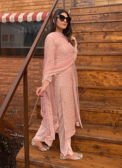 Remarkable Peach Pink Georgette Base pant style Suit Outlet Fashionable