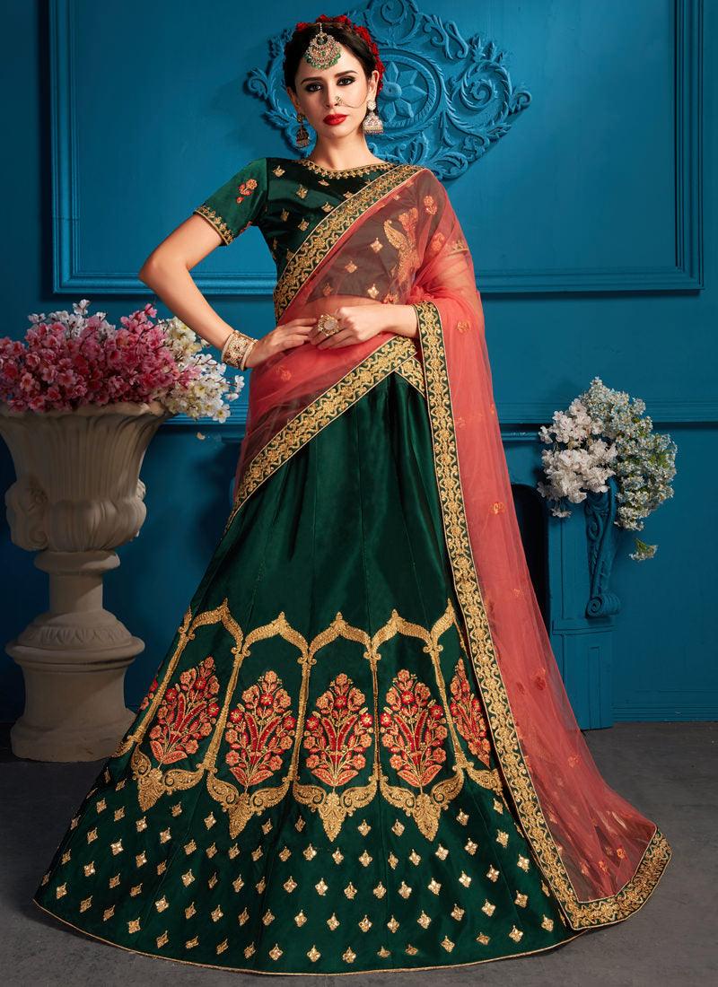 Dark Green Color Satin Base Designer Embroidred Lehenga Choli Extremely Cheap Pice