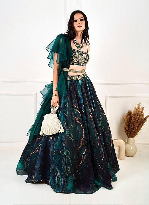 Green Organza Lehenga Choli with Digital Print Dori and Zari Work Free Shipping Release Dates