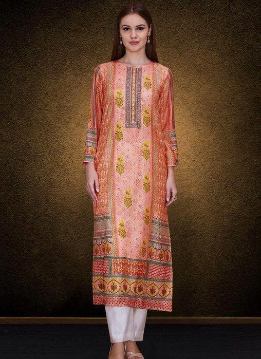 A Peach Elegant Printed Detailed Kurta High Quality For Sale