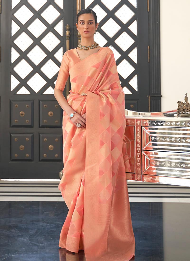 Handloom Weaving Pastel Orange Organza Leheriya Saree Cheap Sale Manchester Great Sale