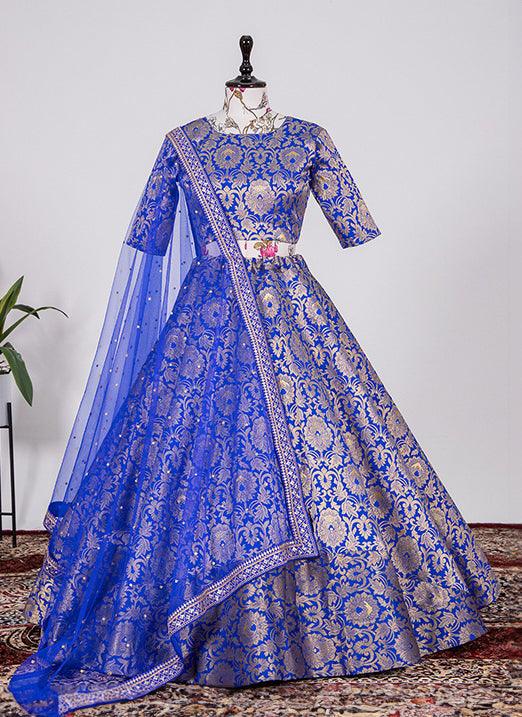 Authentic Zari Weaving & Jacquard Silk Blue Navratri Lehenga Outlet Locations Cheap Online