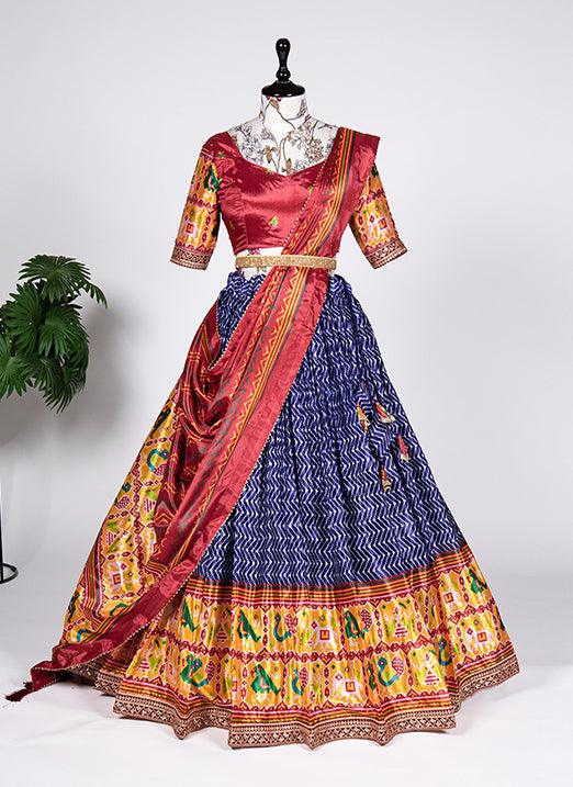 Elegant Navy Blue Drawstring with Heavy Tassels Laheriya-Patola Print Lehenga Choli Free Shipping Shop Offer