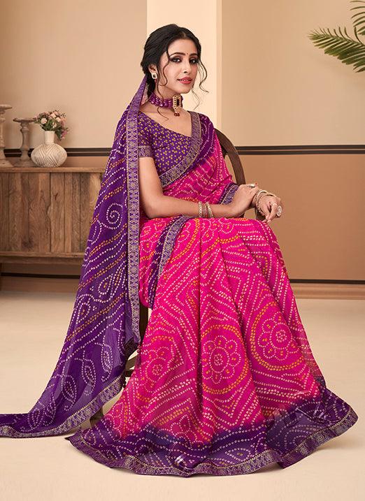 Graceful Pink & Purple Bandhani Chiffon Saree Cheap Sale Store