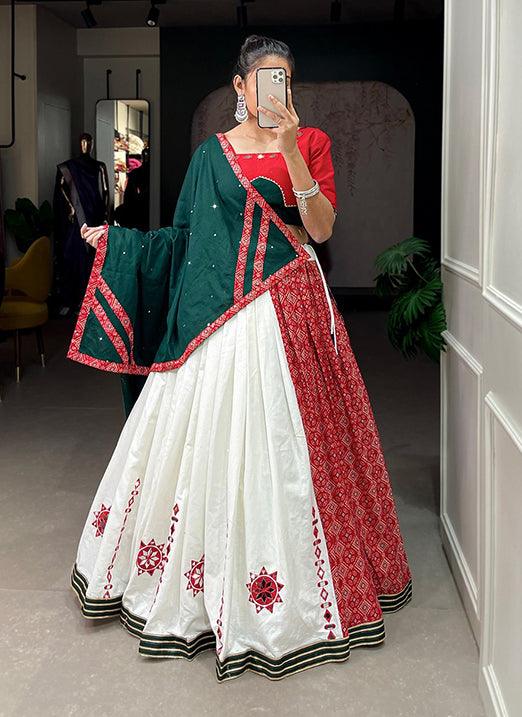 Red & White Original Mirror Work Pure Cotton Navratri Lehenga Choli Free Shipping Shop Offer