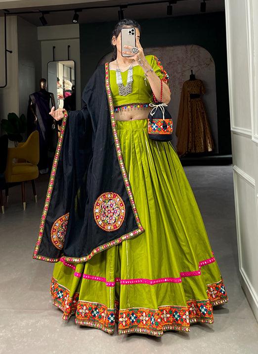 Parrot Green Pure Cotton Navratri Lehenga Choli With Gamthi & Foil Mirror Work Store Online