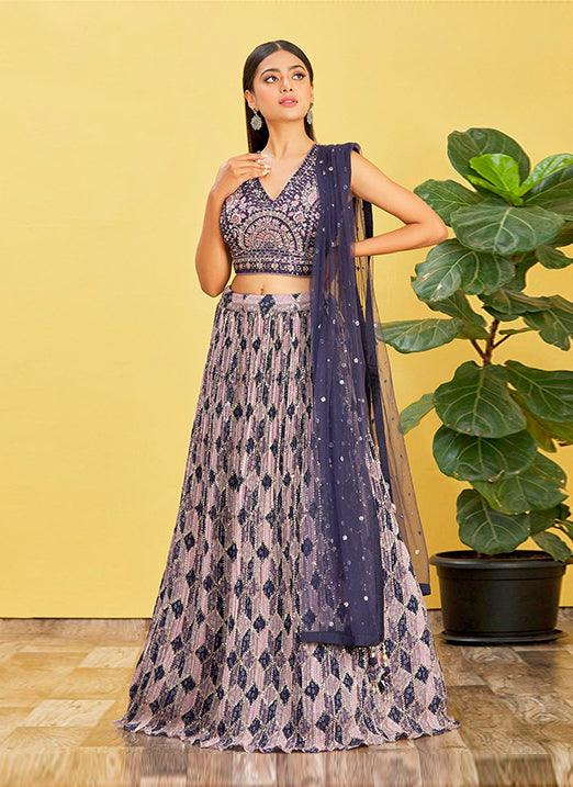 Blue Chinnon Lehenga Choli with Real Mirror & Zari Sequins Embroidery Cheap Factory Outlet