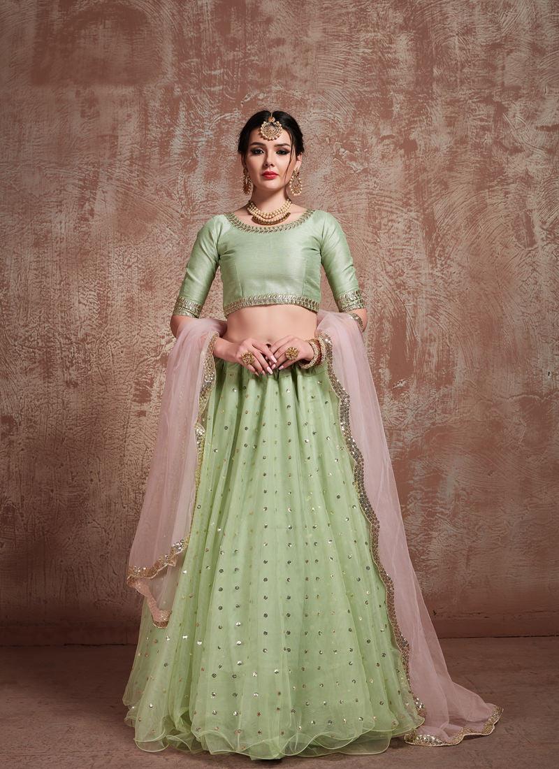 Fabulous Pista Green Color Soft Net Base Lehenga Choli For Mehendi Ceremony Cheap Genuine