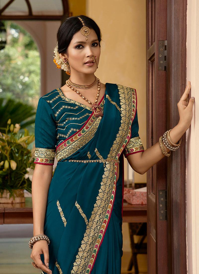 Ravishing Teal Blue Color Silk Weave Silk Fabric Embroidered Saree Free Shipping Best Place