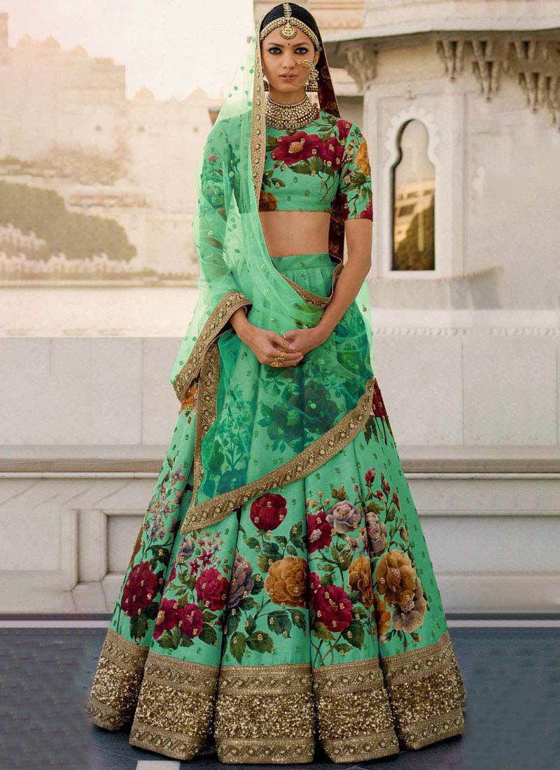 Green Printed Pearl Work Heavily Drape Lehenga Choli Set Cheap New Arrival