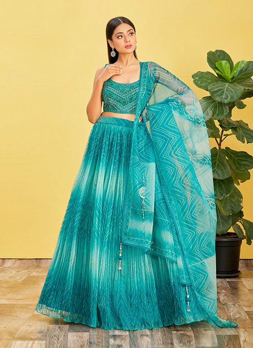 Turquoise Organza Lehenga Choli with Real Mirror & Zari Sequin Embroidery Perfect