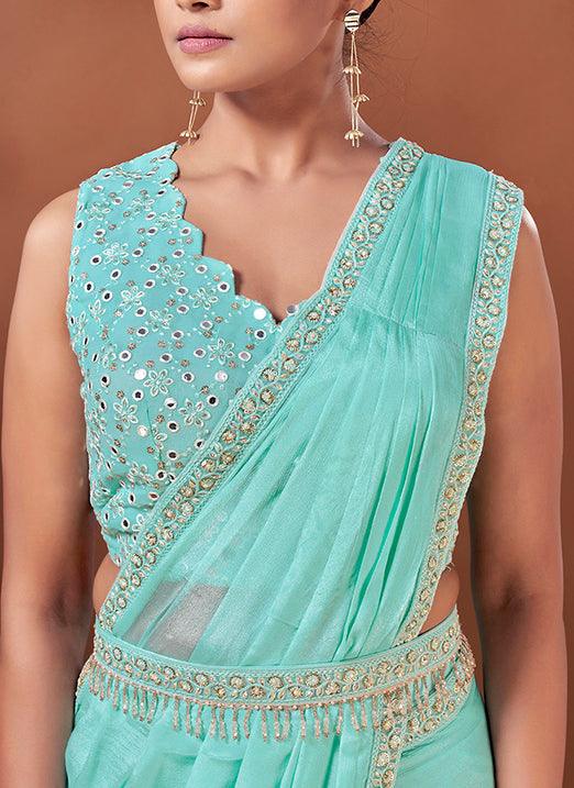 Turquoise Exquisite Hand Work Chinnon Ready To Wear Saree Cheap Sale Comfortable