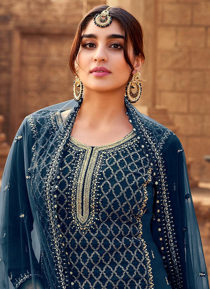 Navy Blue Color Georgette Base Palazzo Suit With Zari Work Ost Release Dates