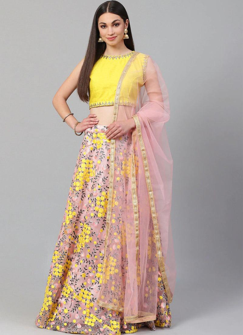 Baby Pink Heavily Embroidered Floral Motif Resham Lehenga Choli Very Cheap